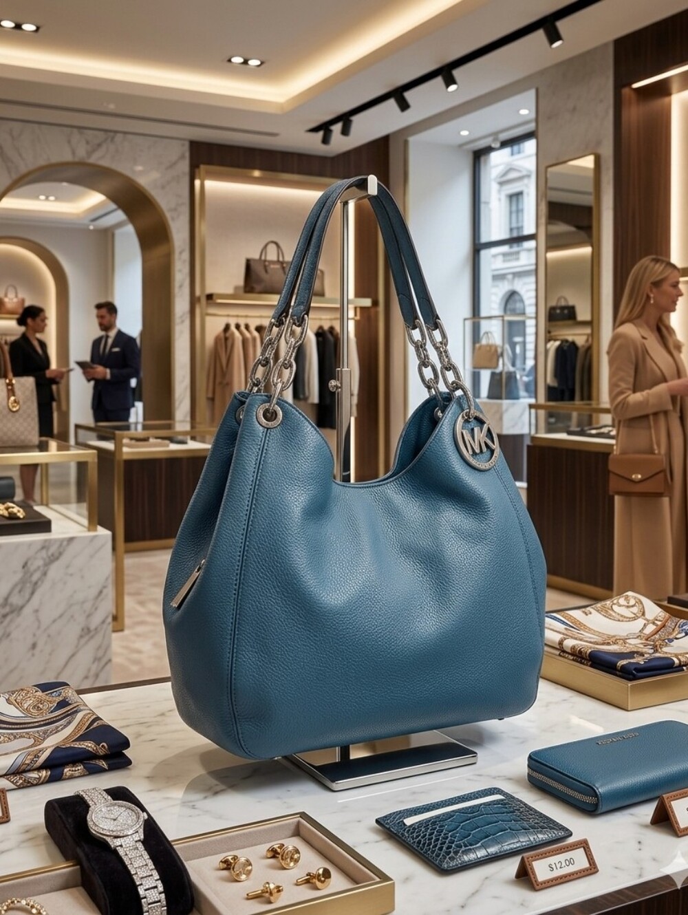 Michael Kors Blue Pebbled Leather Hobo with MK Charm